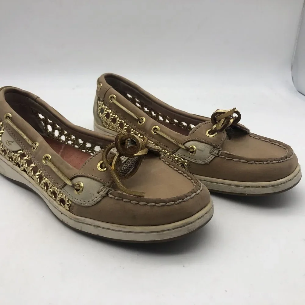 Sperry Top Sider Women's Tan Brown Leather‎ Chain Link Boat Shoes Size 7.5